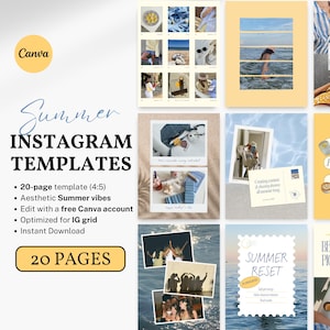 20 Sommer Instagram Canva Templates - Ästhetische Blaue & Gelbe Scrapbook Posts für Kreative, Coaches, Entrepreneurs, Social-Media-Manager