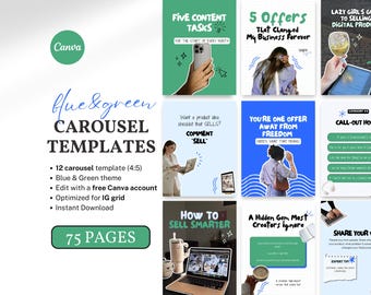 Op de afbeelding: Een Canva-sjabloonset met een blauw en groen thema, ontworpen voor Instagram. De sjablonen bevatten 12 carrouselontwerpen, geoptimaliseerd voor het IG-raster, en bieden 75 pagina's aan inhoud. De afbeelding bevat verschillende marketinggerelateerde tekst en afbeeldingen.