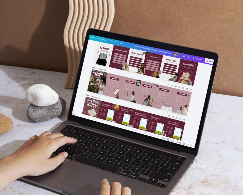 Laptop mockup displaying Bookstagram Canva templates open in the Canva editor, demonstrating how creators can customize seamless carousel posts for book reviews, BookTok content, and Instagram reading accounts.