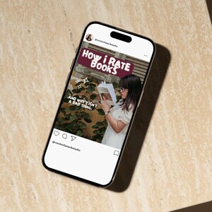 Smartphone mockup displaying a Bookstagram post titled “How I Rate Books,” showcasing a book review carousel template designed for Instagram book reviewers and BookTok creators.