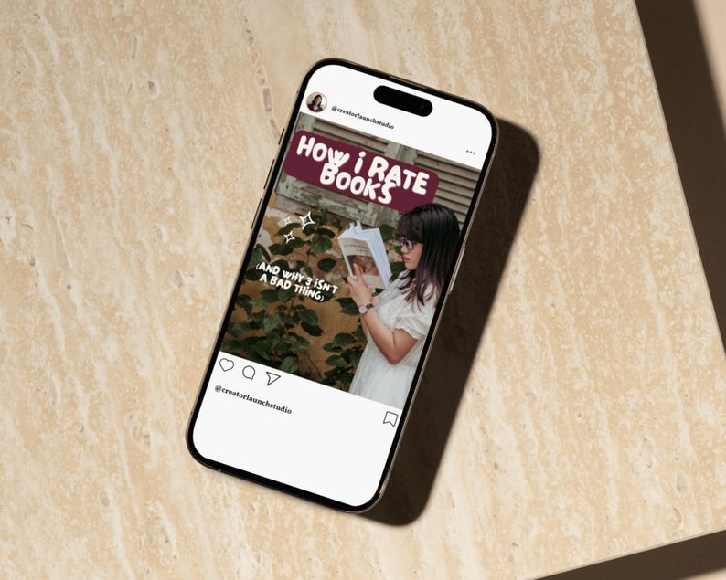 Smartphone mockup displaying a Bookstagram post titled “How I Rate Books,” showcasing a book review carousel template designed for Instagram book reviewers and BookTok creators.