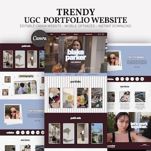 Puede incluir: Una plantilla de sitio web de portafolio digital para creadores de UGC con un esquema de color morado oscuro y azul claro. El diseño incluye secciones para fotografía, anuncios pagados, servicios y el texto Blake Parker.