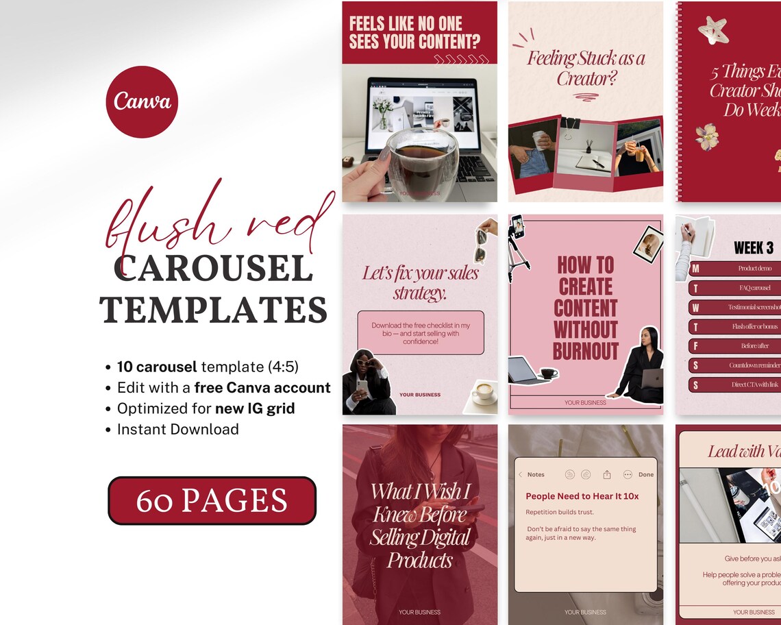 Blush Red Instagram Carousel Templates 60 Bold Viral Social Media Canva ...