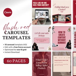 Könnte beinhalten: Ein digitales Marketing-Vorlagenset mit einem blush red Thema. Die Canva-Vorlagen umfassen 10 Karussellvorlagen, optimiert für Instagram, und sind mit einem kostenlosen Canva-Konto bearbeitbar. Das Set umfasst 60 Seiten.