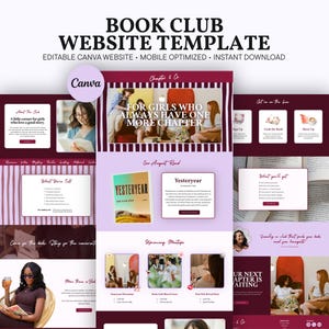May include: A digital website template for a book club featuring a maroon and light purple color scheme. The layout includes sections for club information, book recommendations, and event listings with text such as BOOK CLUB WEBSITE TEMPLATE.