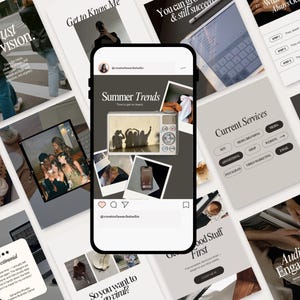 Overview flat lay of Instagram templates spread across a workspace – clean, neutral design perfect for entrepreneurs and marketers.