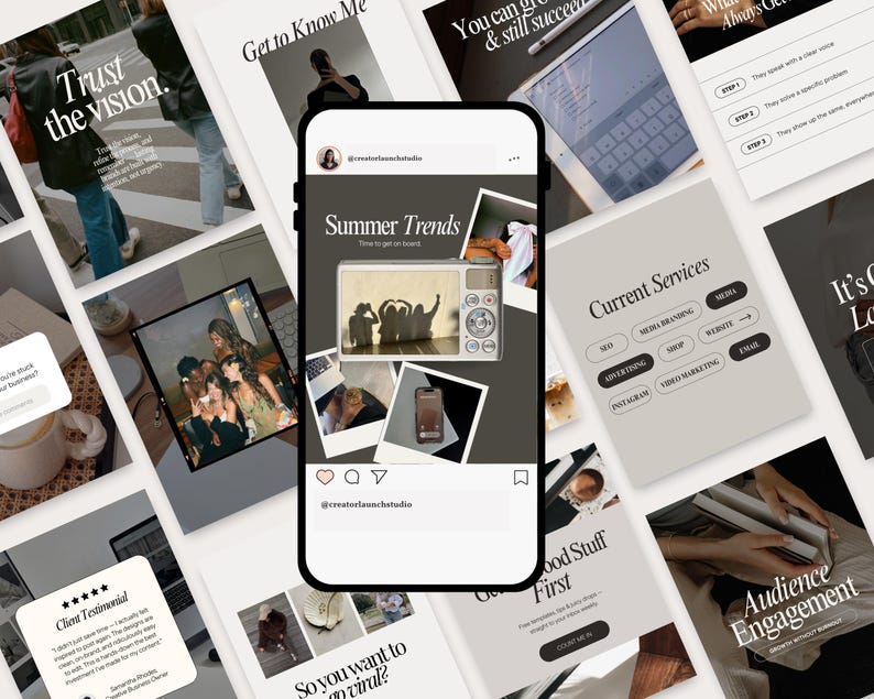 Overview flat lay of Instagram templates spread across a workspace – clean, neutral design perfect for entrepreneurs and marketers.