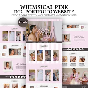 Puede incluir: Una plantilla de sitio web de portafolio digital con un esquema de color rosa y blanco, que incluye secciones para fotografía, anuncios pagados y servicios. El diseño incluye el texto WHIMSICAL PINK UGC PORTFOLIO WEBSITE, EDITABLE CANVA WEBSITE, MOBILE OPTIMIZED, INSTANT DOWNLOAD.