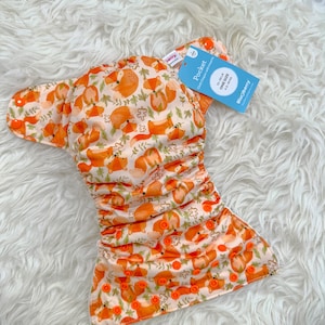 May include: A white and orange cloth diaper with a fox print. The diaper is a pocket style and has a label that says "Pocket Cloth Diaper with Waterproof Insert" and "One Size 8-35 lbs (3.6-15.9 kg)".