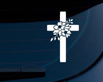 Cross with Magnolia Flowers Decal: Christian Car Sticker