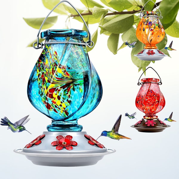 Hummingbird Feeders For Outdoor Hanging,Hand Blown Glass feeder,22 Oz,5 Feeding Ports with Perch,Blue & Red,Wild Birds Nectar,Garden Decor