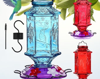 Colourful Hummingbird Feeders Outdoor Hanging,26 oz,Glass Hummingbird Feeder with Ant Moat Hanging Hook,Rope,Brush,Ant Moat,6 Feeding Port