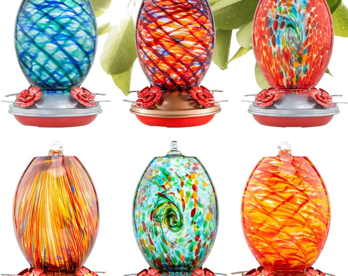 Colorful Hummingbird Feeder for Outdoors, Hand Blown Glass, 27 Oz Hanging Bird Feeder with 4 Feeding Ports, Ant Moat,Wild Hummingbird Nectar