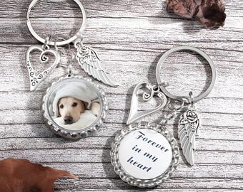 Personalisierte Foto Small Disc Keychain mit Flügeln | Herz Charm Schlüsselanhänger, Erinnerungs Schlüsselanhänger | Beileidsgeschenke, Trauergeschenk, Familiengeschenke