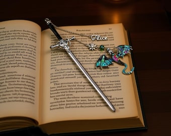 Personalized Dragon Sword Bookmark | Custom Fantasy Bookmark with Name | Gothic Metal Book Lover Gift | Dragon Reader Accessory