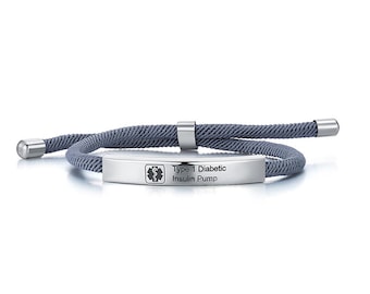 Custom Medical Alert ID Bracelet, Personalized Emergency Medical Bracelet, Adjustable Soft Rope Bracelet, Engraved Health ID Gift