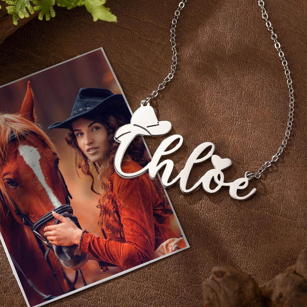 Personalized Name Necklace with Cowboy Hat | Cowboy Fashion, Cowboy Necklace, Name Necklace with Heart | Gift for Friend/Cowboy, Horse Lover