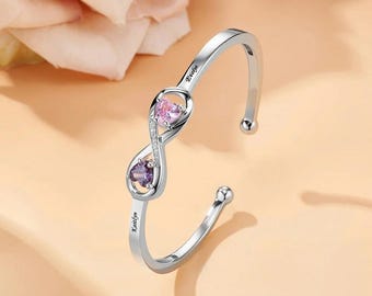 Personalized Infinity Bangle with Names & Heart Birthstones | Open Cuff Adjustable Bangle | Anniversary/Valentine's Day Gift for Her/Bestie