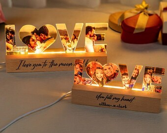 Personalized Couple Photo LED Night Light | Custom Acrylic Lamp, Wooden Base