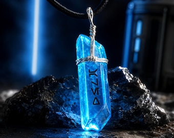 Glow Crystal Necklace Personalized with Aurebesh | Custom Sci-Fi Pendant | Galactic Jewelry Gift for Her