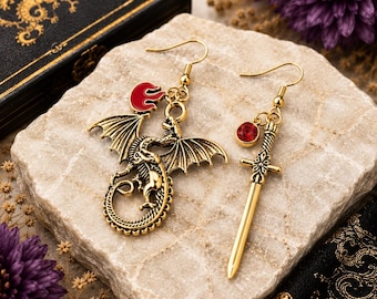 Personalized Fantasy Dragon Earrings, Gothic Sword Earrings with Birthstone, Booktok Jewelry Gift