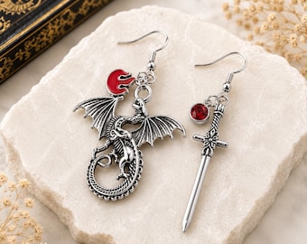 Fourth Wing Inspired Dragon Sword Earrings, Personalized Birthstone Fantasy Jewelry for Women