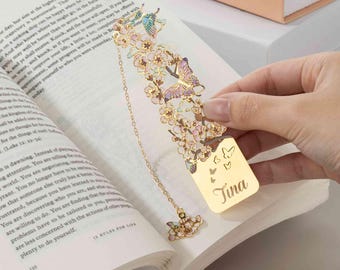 Personalized Birth Flower Bookmark, Engraved Name Butterfly Metal Bookmark (Gift)