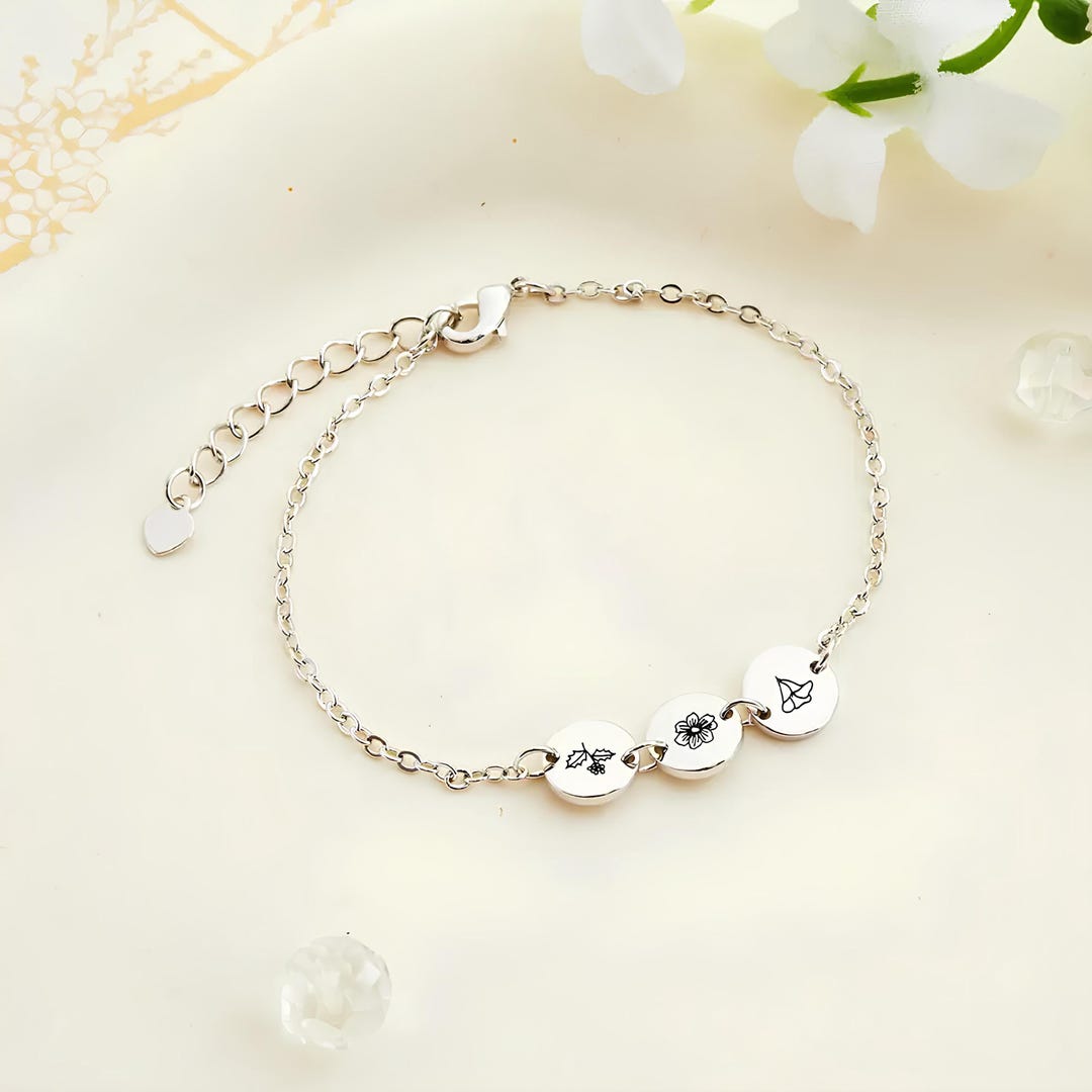 Custom Multi Birth Flower Tiny Charms Bracelet Birth Flower Disc