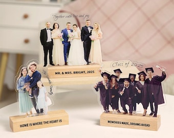 Personalized Photo Acrylic Plaque with Text and Wooden Base | Custom Family Photo Statuette | Wedding/Graduation Season Gift for Family