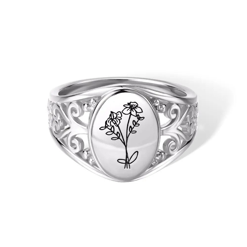 Personalized Birth Flowers Ring, Custom Birthflowers Family Ring | Sterling Silver 925 Bouquet Ring | Engraved Ring for Women, Gifts for Mom