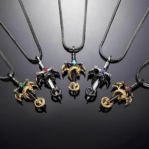 Sword Necklace with Cross & Dragon Birthstone Pendant | Dragon Sword Necklace Birthstone | Gothic Jewellery Gift for Men and Women Gift Mens