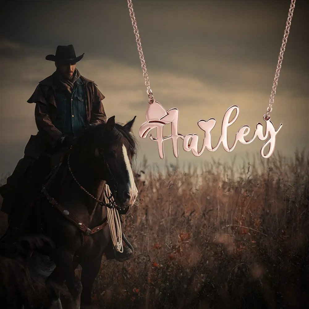 Personalized Name Necklace with Cowboy Hat | Cowboy Fashion, Cowboy Necklace, Name Necklace with Heart | Gift for Friend/Cowboy, Horse Lover