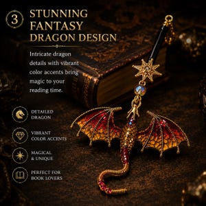 K&ouml;nnte beinhalten: Ein Fantasy-Drache-Design-Lesezeichen mit roten, orangefarbenen und goldenen Fl&uuml;geln, einem goldenen K&ouml;rper und einem schwarzen Griff. Das Lesezeichen hat Stern- und Kristallakzente. Der Text lautet "STUNNING FANTASY DRAGON DESIGN".