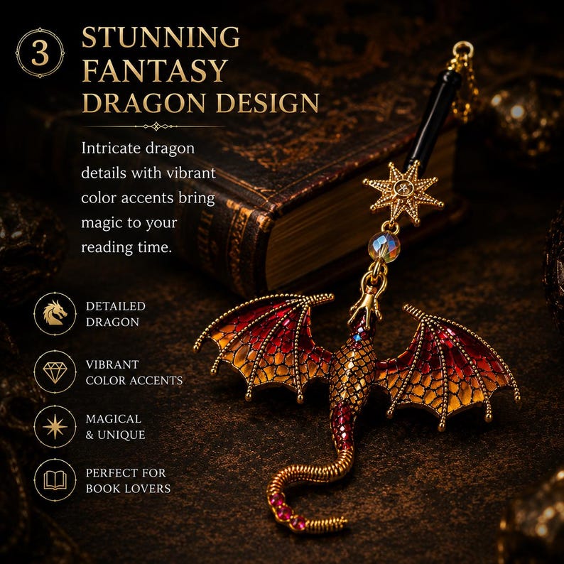 K&ouml;nnte beinhalten: Ein Fantasy-Drache-Design-Lesezeichen mit roten, orangefarbenen und goldenen Fl&uuml;geln, einem goldenen K&ouml;rper und einem schwarzen Griff. Das Lesezeichen hat Stern- und Kristallakzente. Der Text lautet "STUNNING FANTASY DRAGON DESIGN".