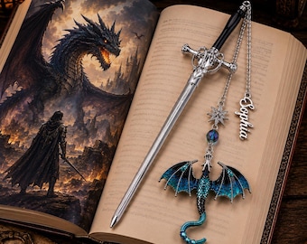 Custom Dragon Bookmark with Name | Fantasy Sword Bookmark for Book Lovers | Personalized Gothic Reader Gift | BookTok Inspired