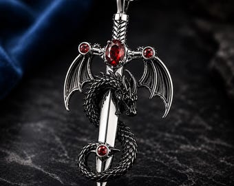 Dragon Sword Birthstone Necklace, Gothic Fantasy Pendant, Personalized Jewelry