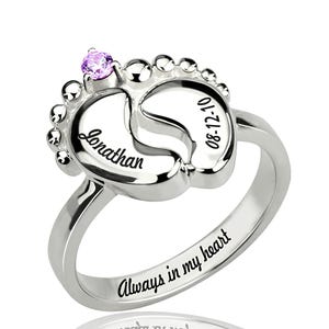 Personalized Baby Feets Birthstones Ring Engraved Baby Name for New Moms | Gift for New Mother | Sterling Silver 925 Baby Feet Ring Name Kid