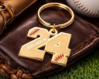 Personalized Sport Number Baseball Keychain with Name | Custom Initial Stainless Steel Sport Keyring | Sports Accessory, Gift for Team Sport