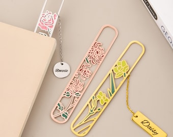 Personalized Birth Flower Bookmark with Name, Custom Floral Bookmark, Stainless Steel Book Lover Gift, Birthday Gift for Her, Reader Gift