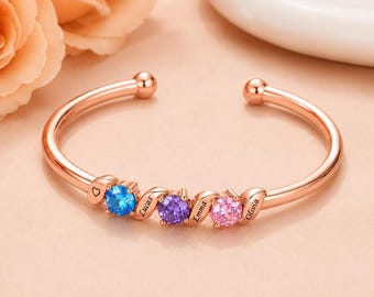 Personalized Family Birthstone Bangle Rose Gold, Custom Name Bracelet for Mom, Grandma Gift, Adjustable Open Cuff Jewelry