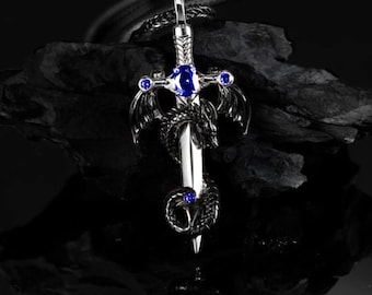 Dragon and Sword Necklace with Birthstone Necklace | Dragon Sword Necklace Birthstone | Gothic Jewellery Gift for Men and Women Gifts