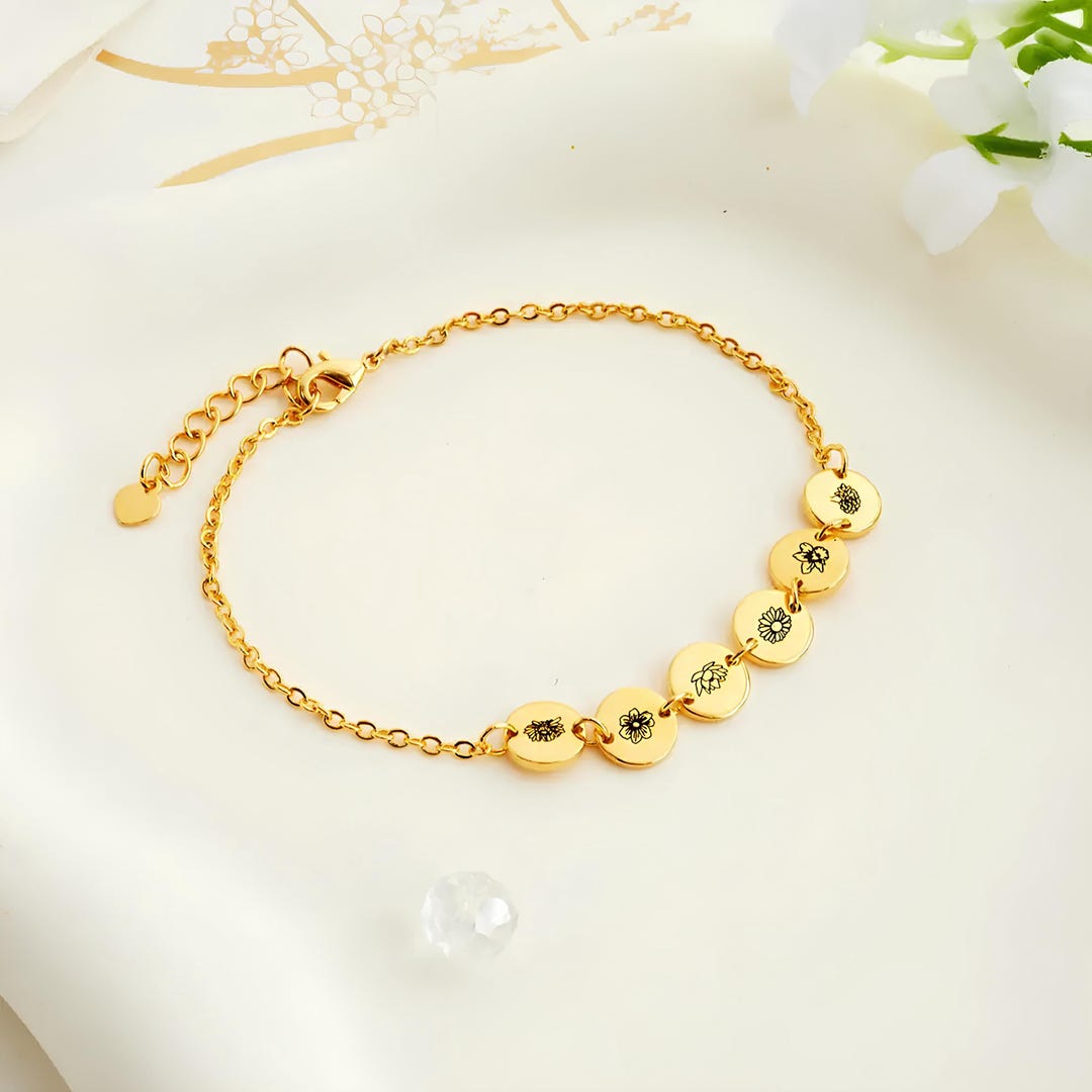 Custom Multi Birth Flower Tiny Charms Bracelet Birth Flower Disc