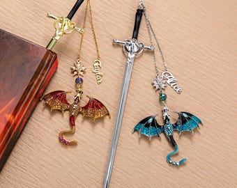 Personalized Name Fantasy Dragon Sword Bookmark | Fourth Wing Gothic Bookmark | Bookish Metal Charm | Birthday Graduation Gift for Readers