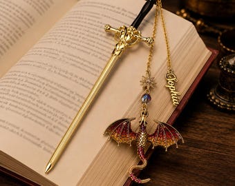 Personalized Fantasy Sword Bookmark | Dragon Metal Bookmark with Custom Name | Unique Gift for Readers | Gothic Book Accessory