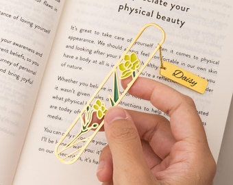 Personalized Stainless Steel Birth Flower Bookmark with Name, Custom Floral Bookmark, Birth Month Flower Gift, Elegant Book Lover Gift