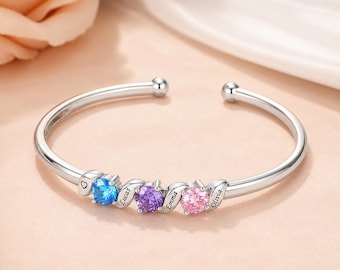 Personalized Birthstone Silver Bangle Bracelet, Custom Names Bracelet for Mom, Grandma Bracelet and Kids Birthstones, Adjustable Family Gift