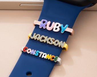 Personalized Bubble Letter Watch Charm, Custom Name Apple Watch Band Charm, Colorful Enamel Watch Jewelry Gift for Her