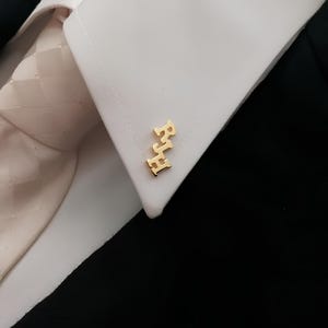 May include: A gold collar pin with the name "RJH" spelled out in block letters.