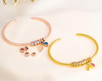 Custom Family Kid Names Beads & Birthstone Bracelet | Mother's Day Open Bangle Bracelet | Gift for Mom/Grandma