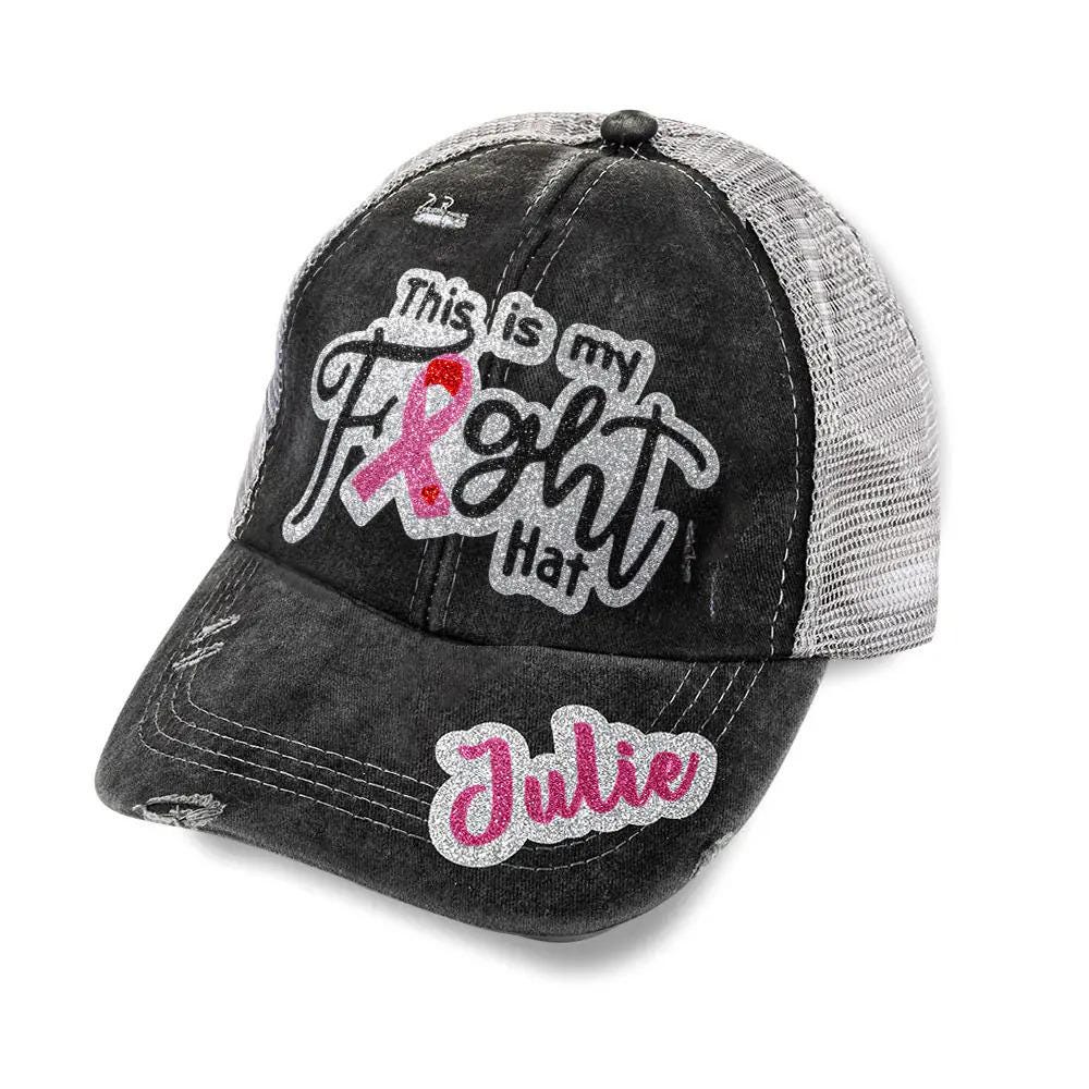 "This Is My Fight Hat" - Distressed Cotton Breast Cancer Awareness Baseball Cap, Navy, Adjustable